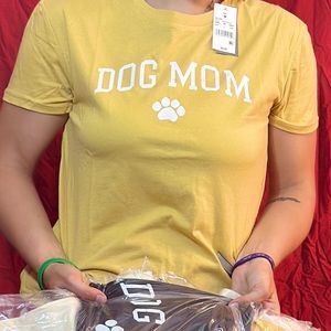 Dog Mom t-shirt medium & large black, white, yellow, cream college paw print pup